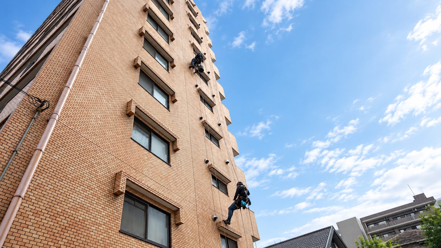 マンション外壁のロープアクセスによる調査・補修（実際の施工現場）